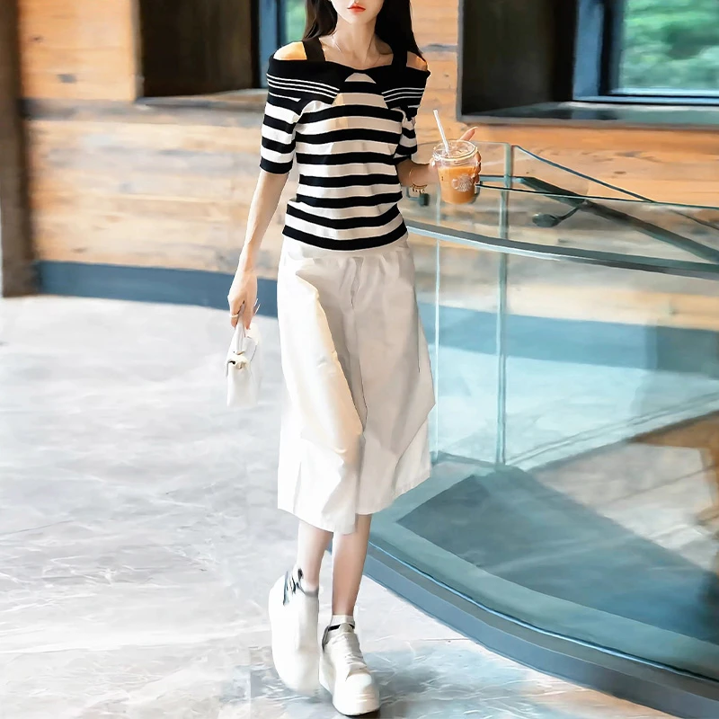 2025夏季新款舒适黑白条纹一字领短袖T恤+休闲阔腿裤潮流两件套