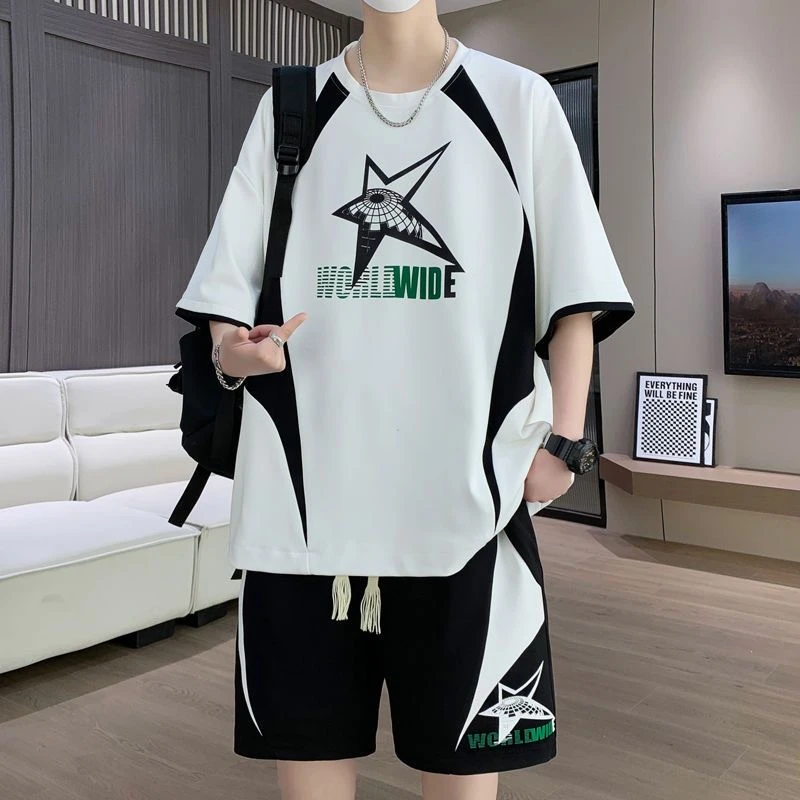 夏季潮流休闲短袖t恤套装男款时尚运动短裤两件套搭配一套衣服男