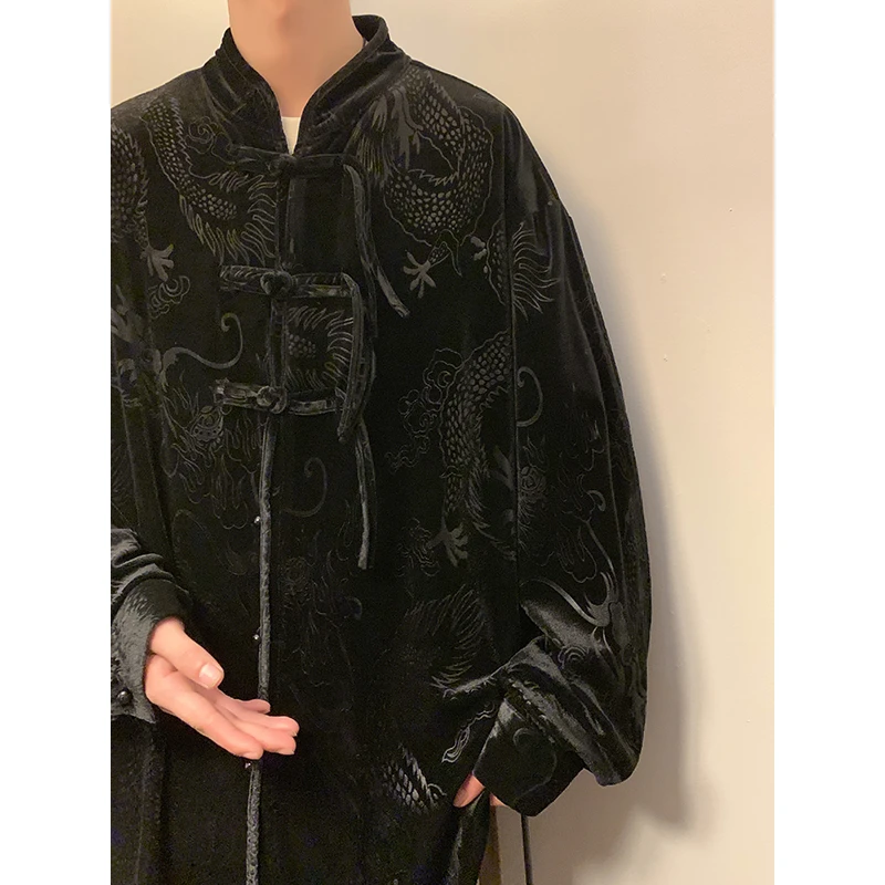 中国风青年唐装男士立领中山装夹克秋冬季复古金丝绒宽松汉服外套