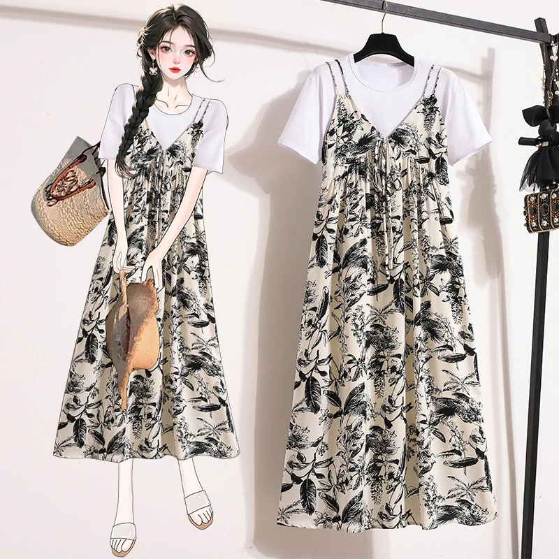 大码雪纺吊带裙套装+T恤水墨花碎花沙滩裙夏有里布长裙洋气减龄