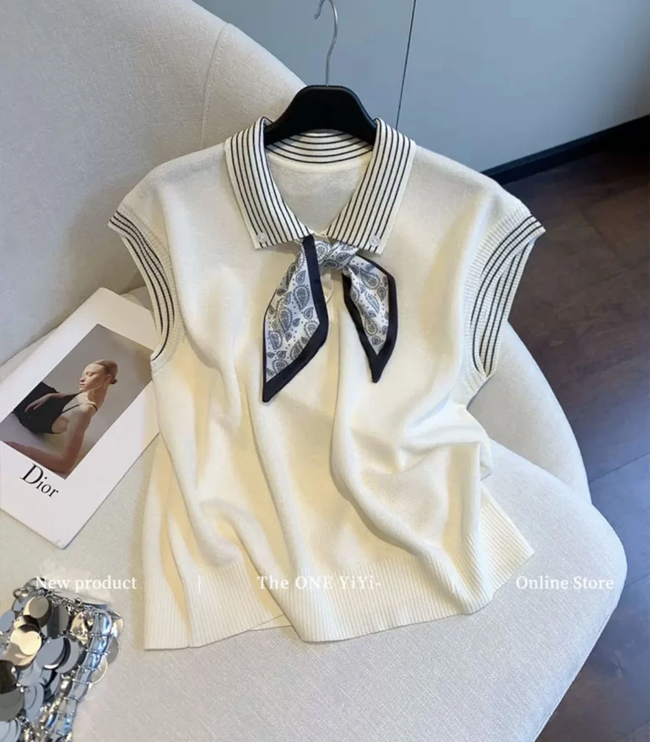 2025年夏季新款韩系简约polo领丝巾高级百搭短上衣A61