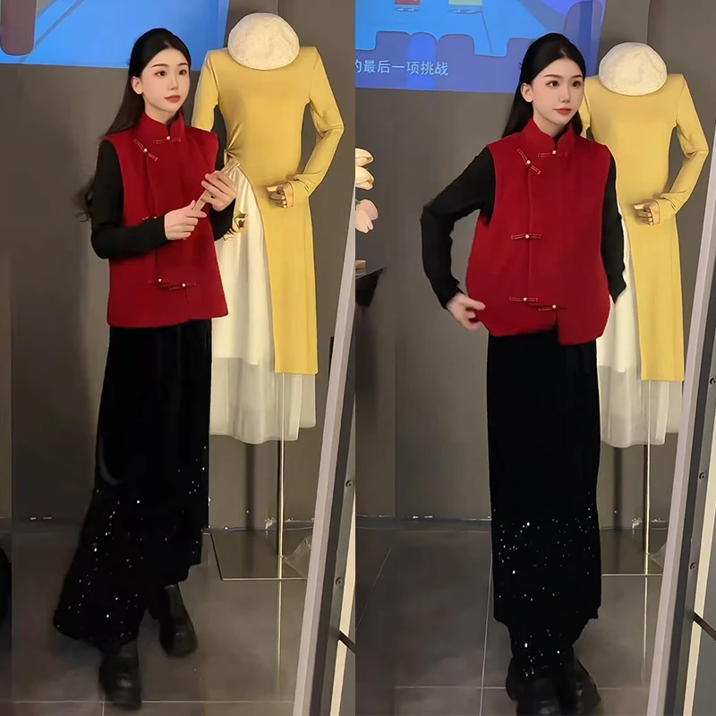 今年流行一整套2025年新款百搭长袖上衣新中式马甲半身裙两件套装