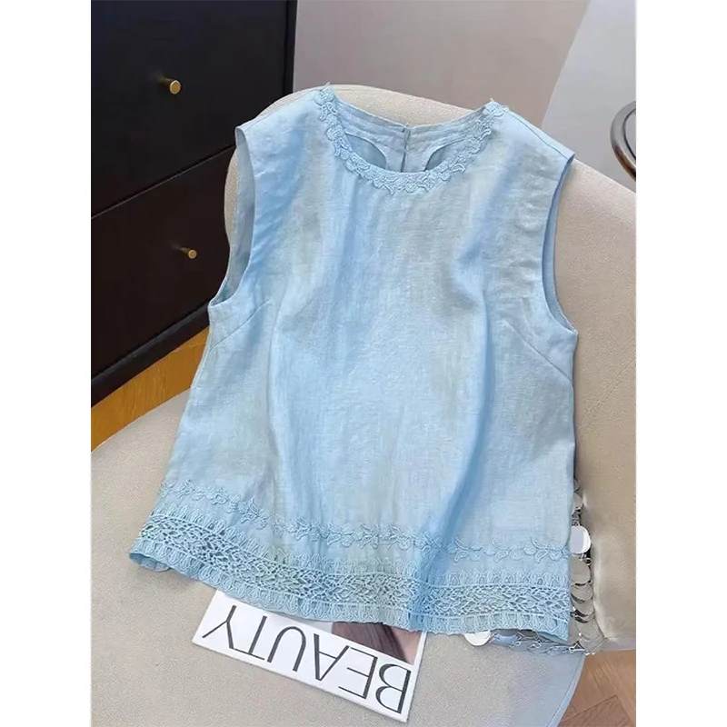 蓝色花边刺绣无袖背心女2025夏季显瘦圆领气质轻奢高级感女装上衣