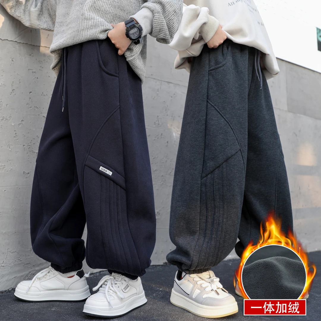 男童裤子一体绒针织卫裤2025冬季新款冬季男孩时尚运动束脚裤潮酷