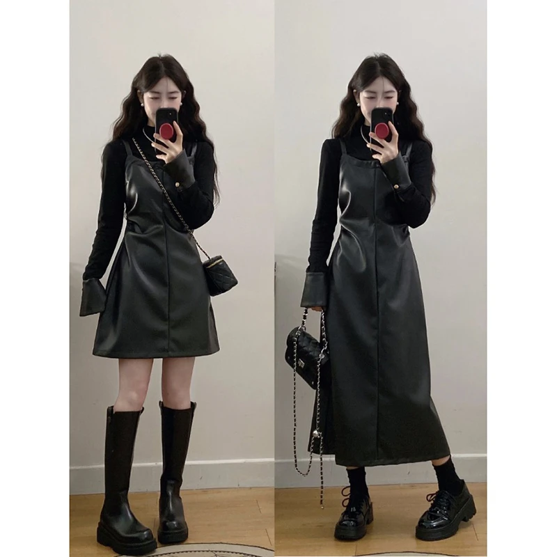 大码女装法式高级感连衣裙冬季假两件吊带皮裙胖MM遮肚子显瘦裙子