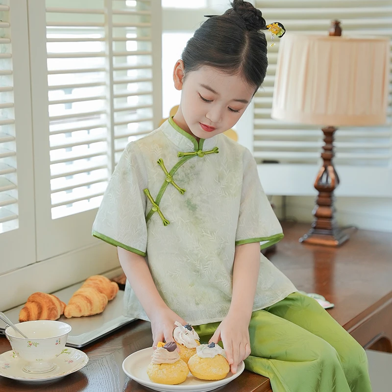 80647A【绿茵】女童新中式国风汉服套装2025夏季新款短袖古风两件套