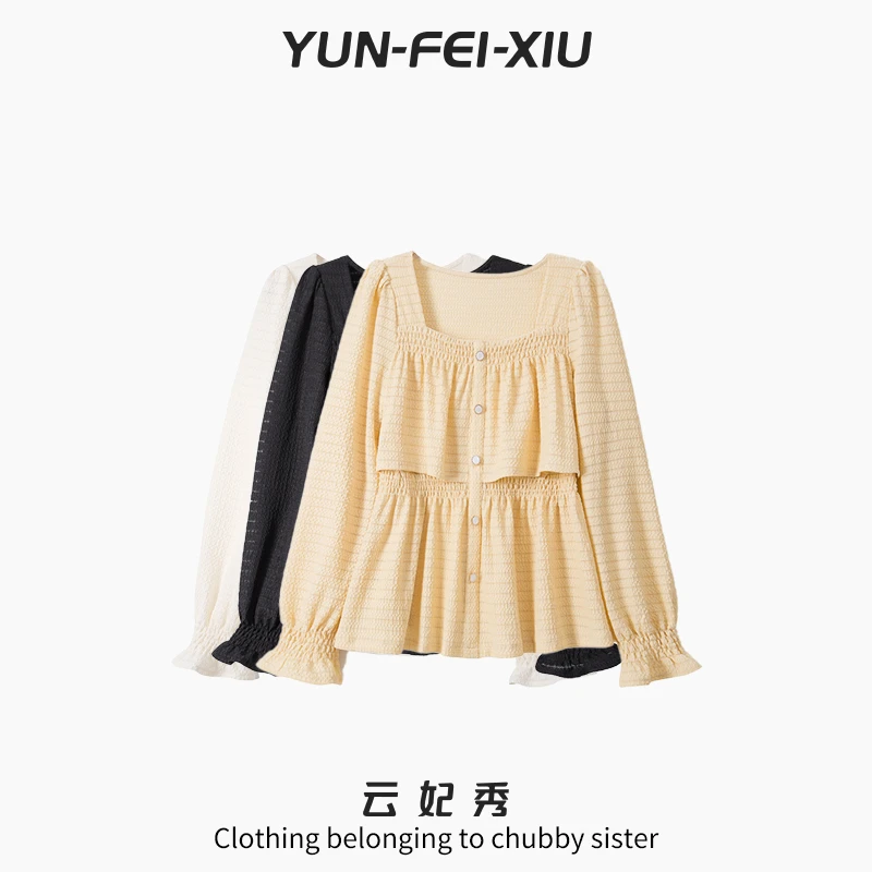 云妃秀大码女装衬衫时尚休闲胖妹妹显瘦宽松方领上衣秋季64835