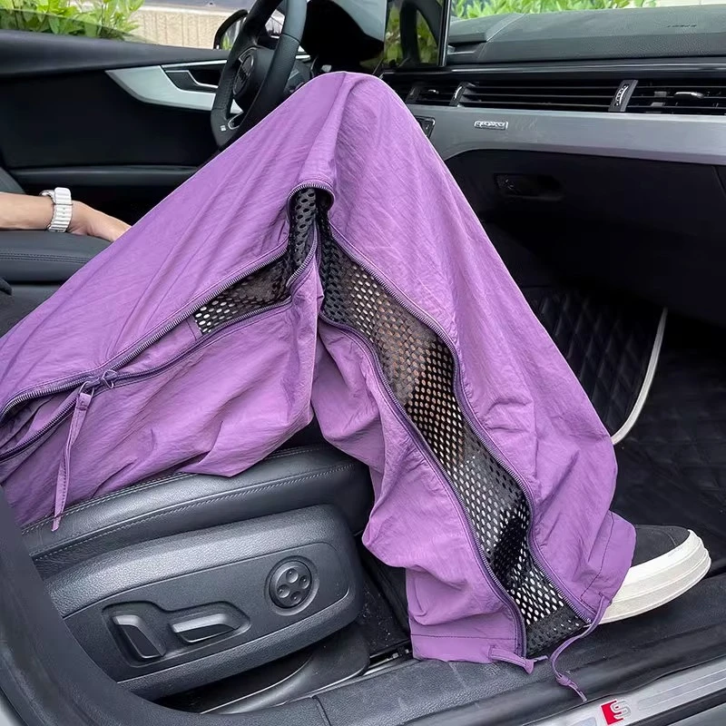 乌梅紫色拉链拼接网眼透气裤子男女夏季薄款冰丝防晒裤机能工装裤