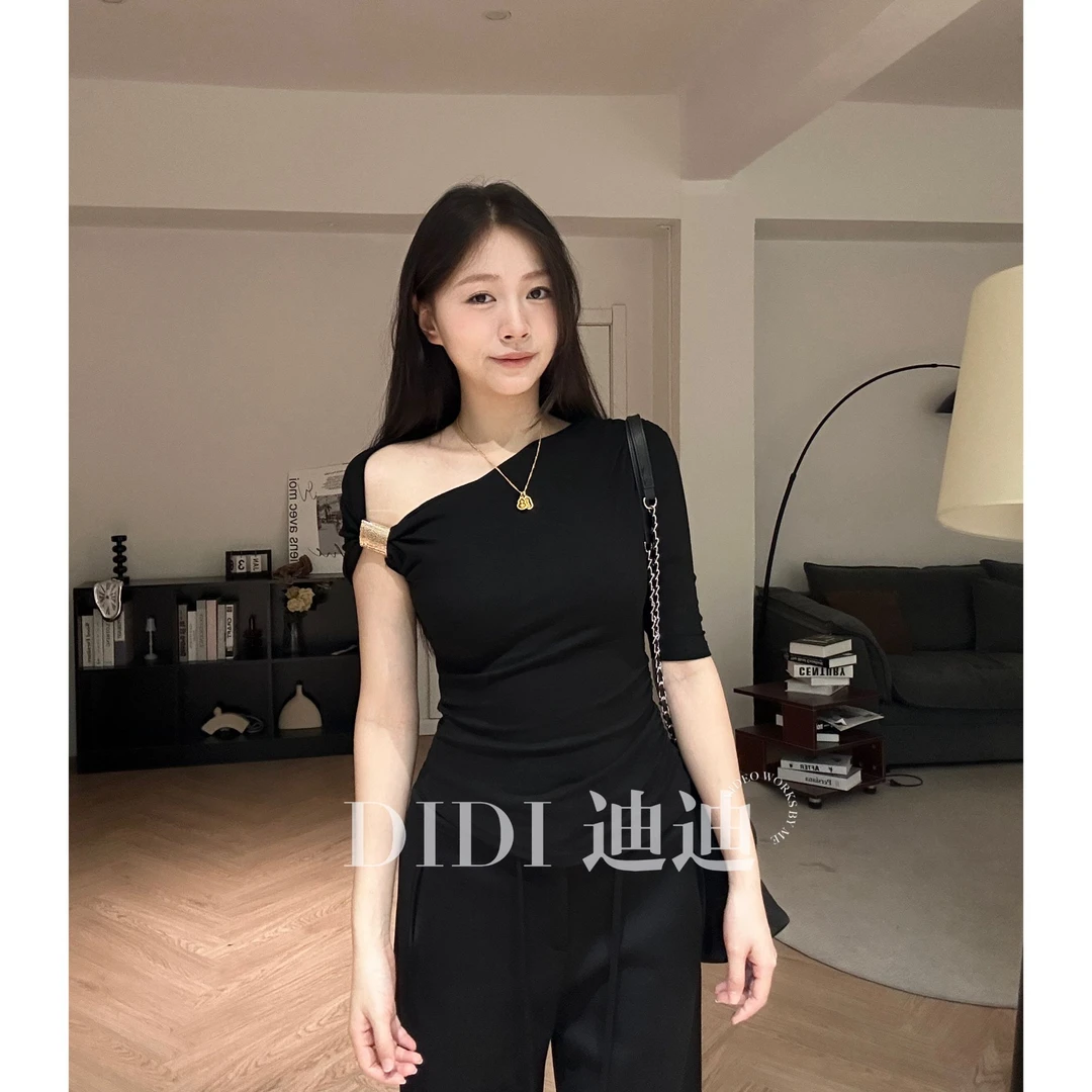 【DIDI】斜肩设计感法式修身型显瘦T恤不对称短袖T恤上衣女