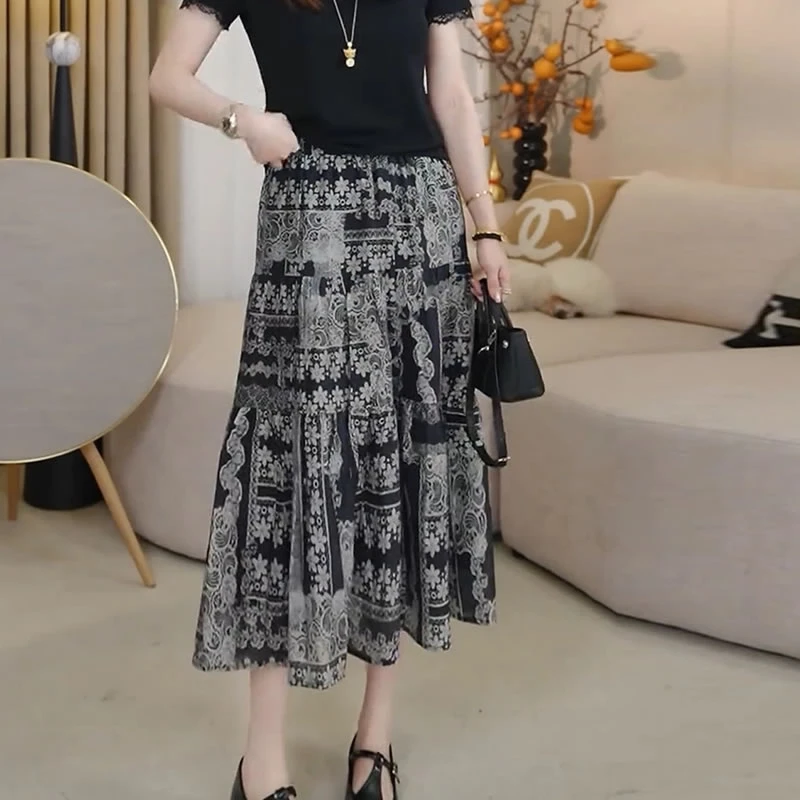 2025年夏季新款气质宽松复古印花薄款A字半身裙女高腰休闲中长裙