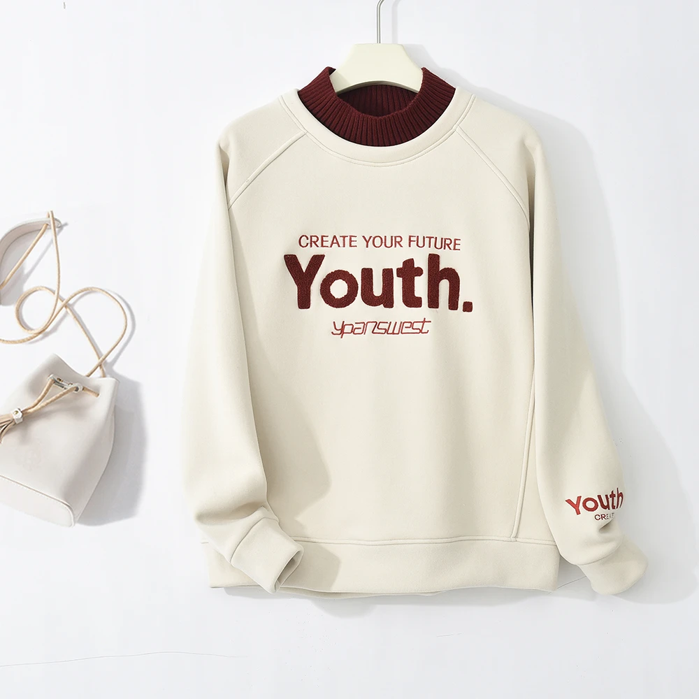 半高领加绒加厚冬季宽松加厚防风锁温上衣休闲纯色防风卫衣女6098