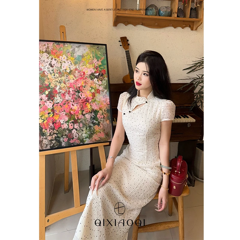 七小七Sicily【杏花疏影】新中式气质立领白色波点旗袍连衣裙春夏季
