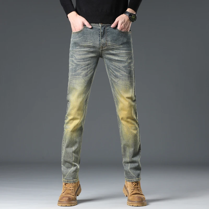 轻奢古铜色弹力牛仔裤男修身直筒休闲裤2025新款复古做旧百搭长裤