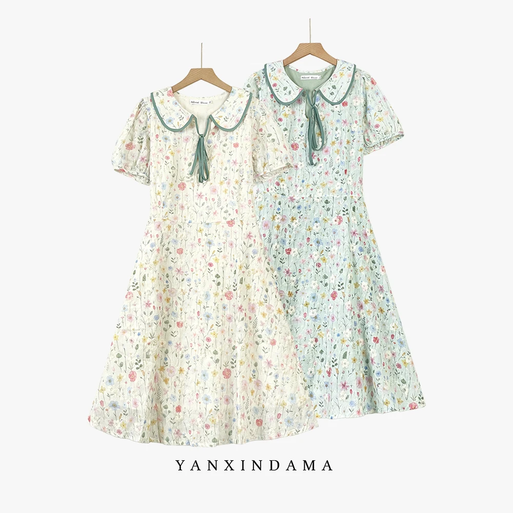 【岩心】大码女装240斤胖MM甜美清新翻领刺绣小花花连衣裙k3096