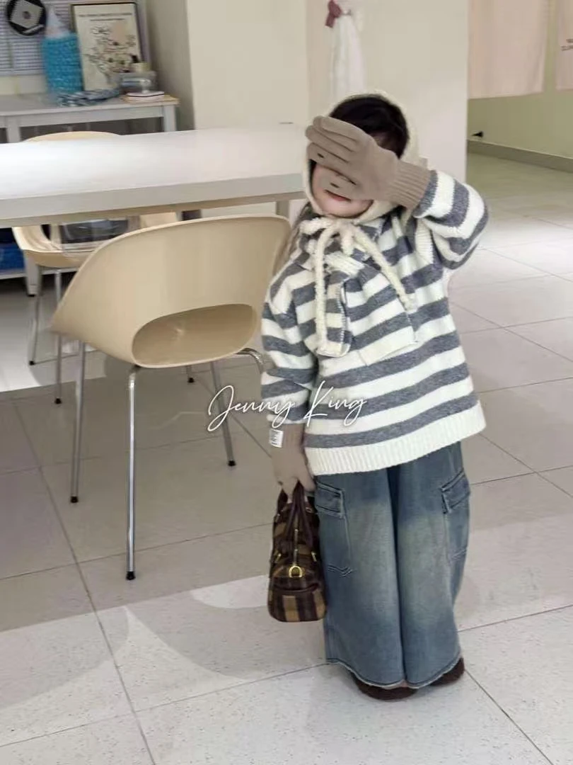 【K5】金珍妮2533灰色条纹毛衣童装