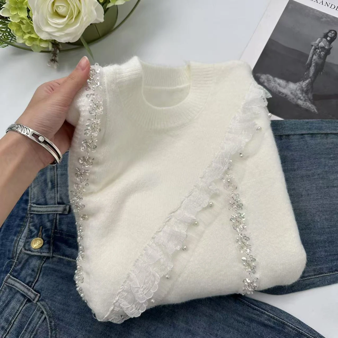 飞飞家 冬款温柔风浅色系设计感亮片针织衫Y5853白