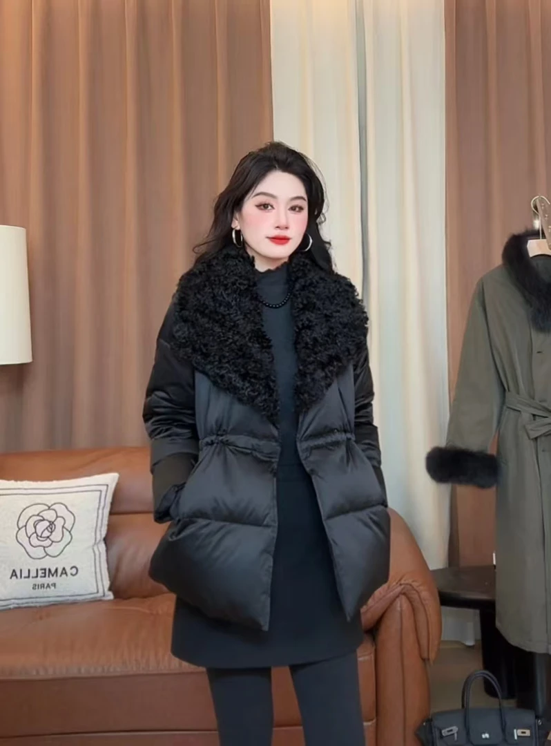 【中长款】冬季新款拼接毛毛翻领90白鸭绒羽绒服中长款收腰气质6305