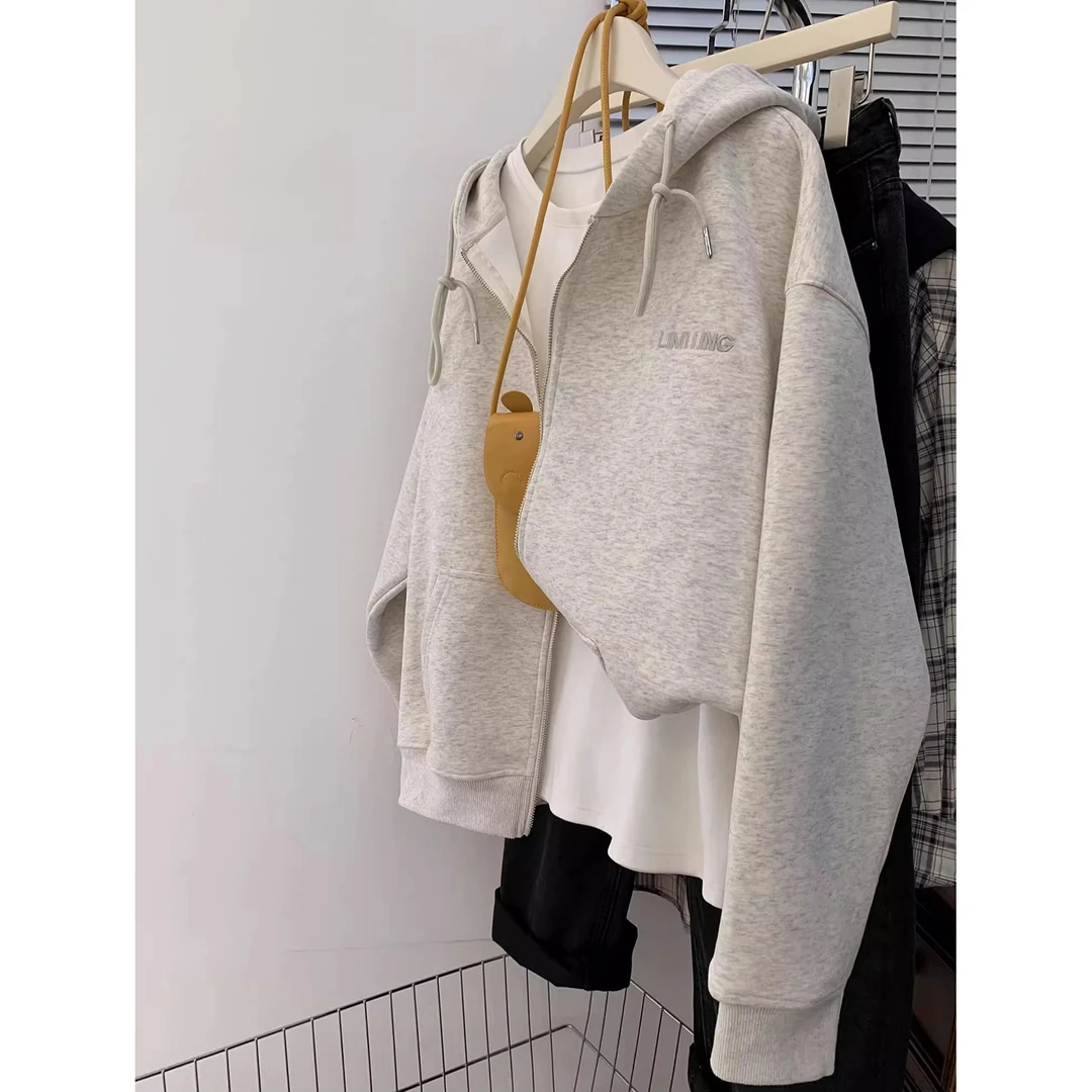 大码300斤胖mm美式复古加绒加厚oversize灰色连帽拉链卫衣外套女