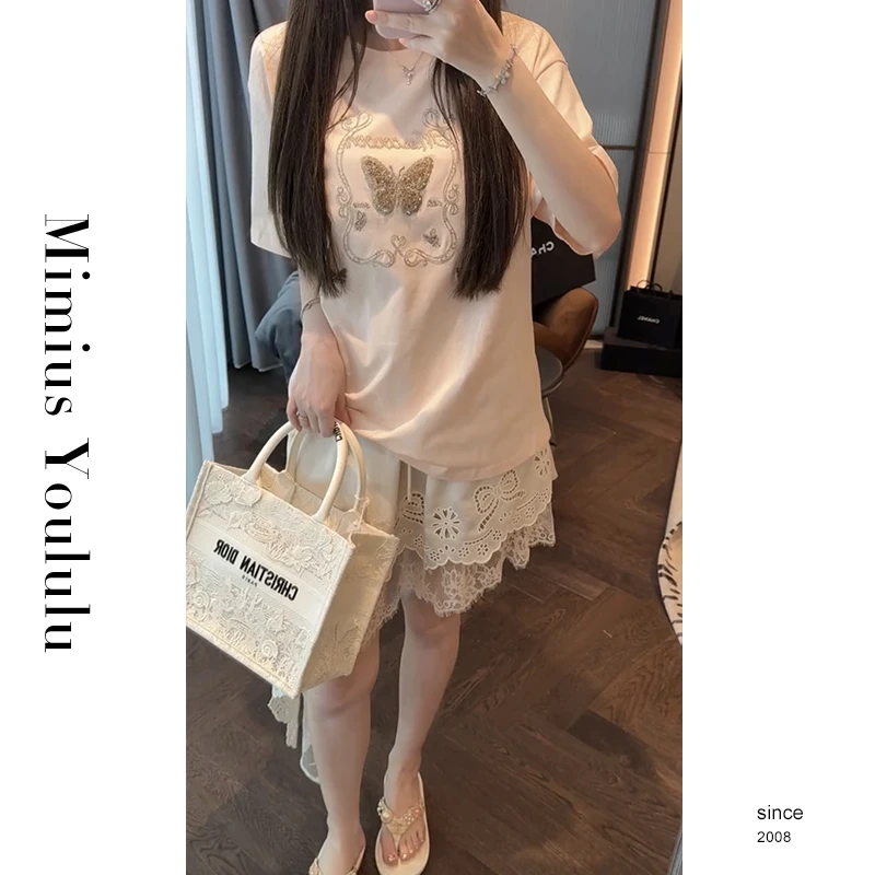 【mimius】&婷婷 蝴蝶刺绣宽松T+不规则镂空短半身裙裤 G03189