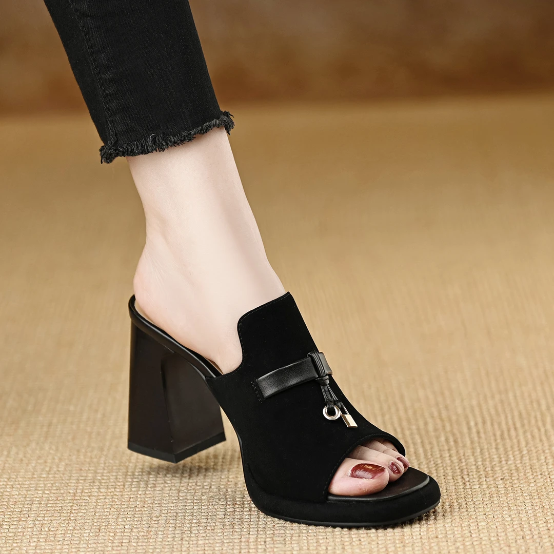 8.5cm粗跟拖鞋女夏外穿防水台露趾凉拖小个子高跟厚底真皮一字拖