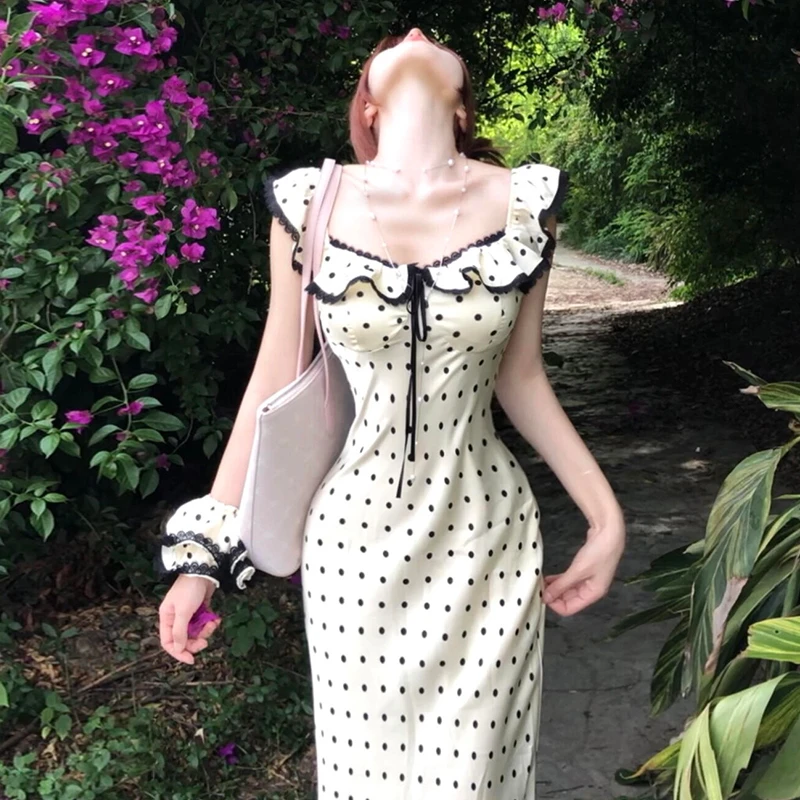 法式小飞袖白色波点吊带连衣裙子女夏季新款收腰包臀鱼尾长裙3403