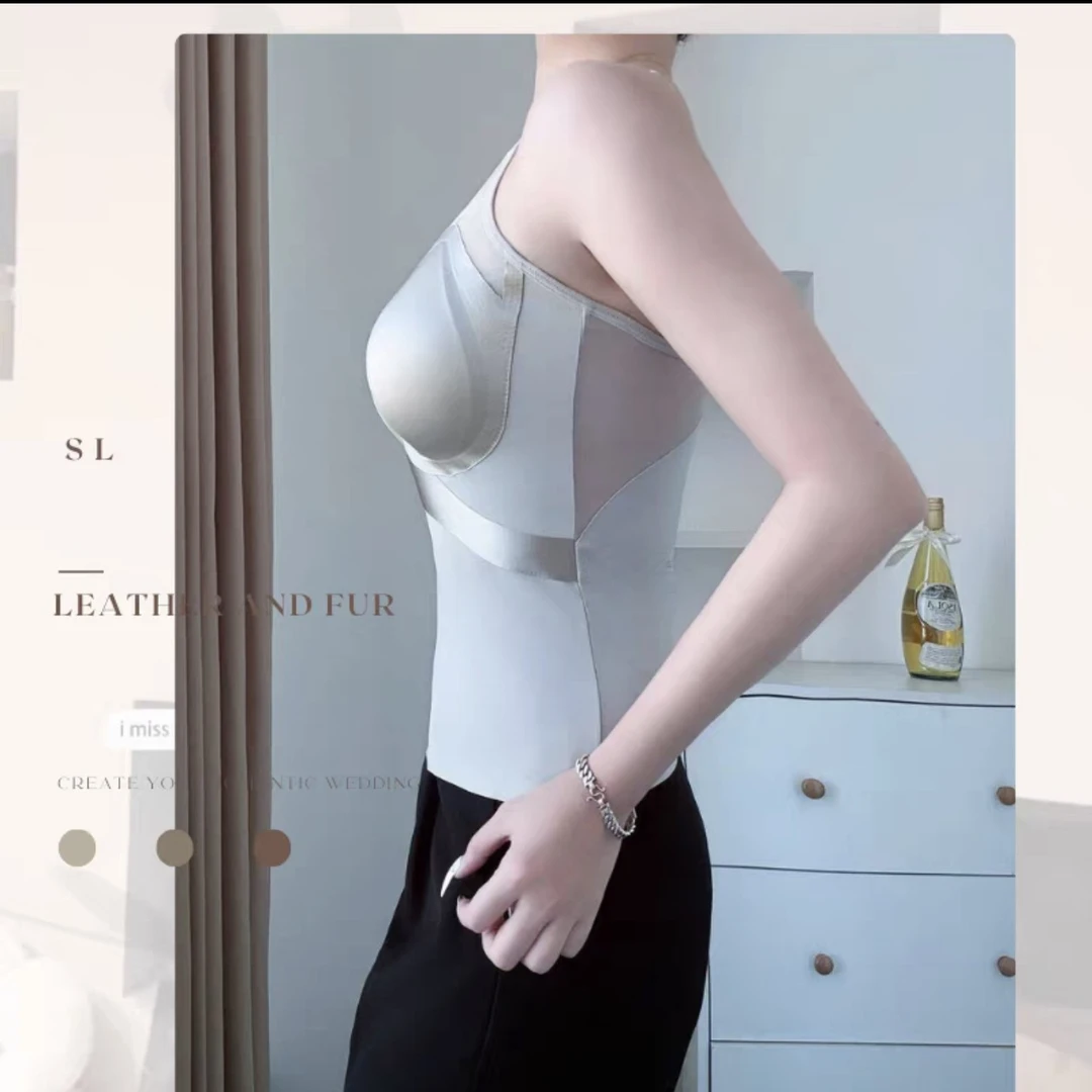 女士裸感美背吊带背心轻奢绸缎网纱拼接设计