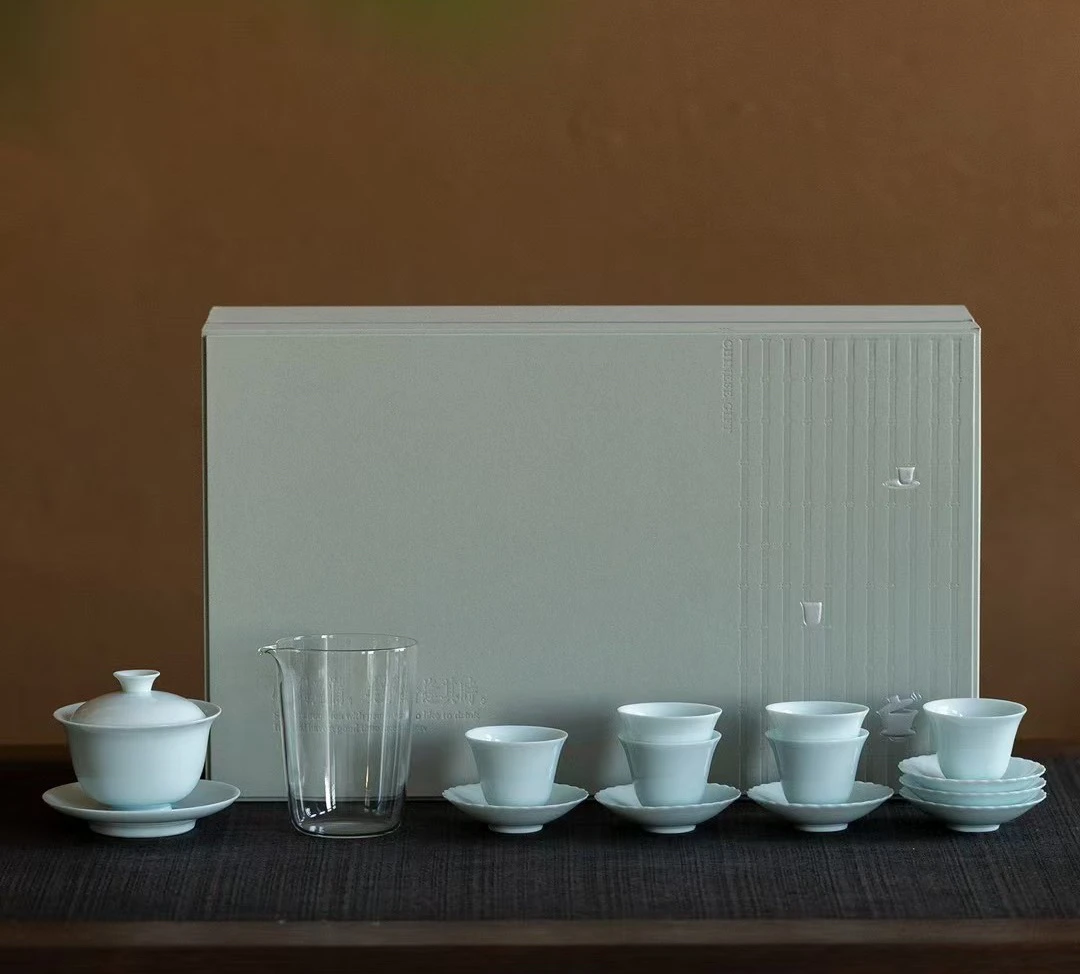 影青陶瓷三才盖碗茶杯整套功夫茶具套组礼盒装商务茶具礼品套装