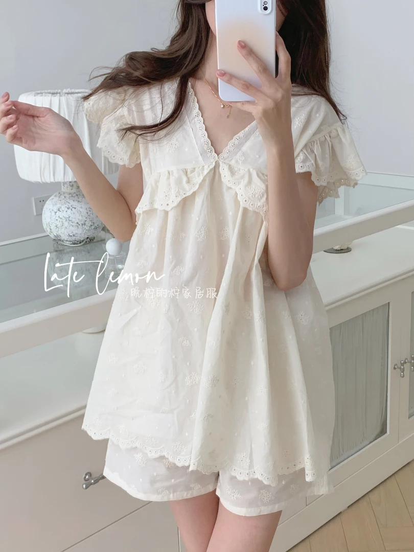 LL家『织花槿』2025春夏季纯棉甜美刺绣公主女飞袖短袖裤睡衣套装