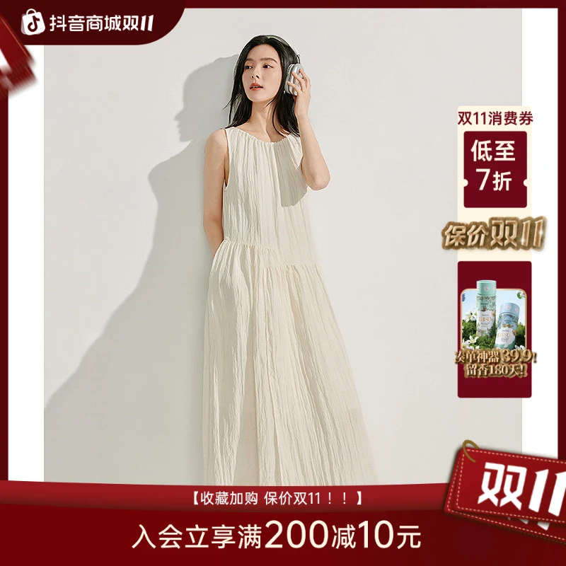 【一秒入夏】茵曼气质无袖连衣裙2025夏女装新款微光皱感宽松裙子