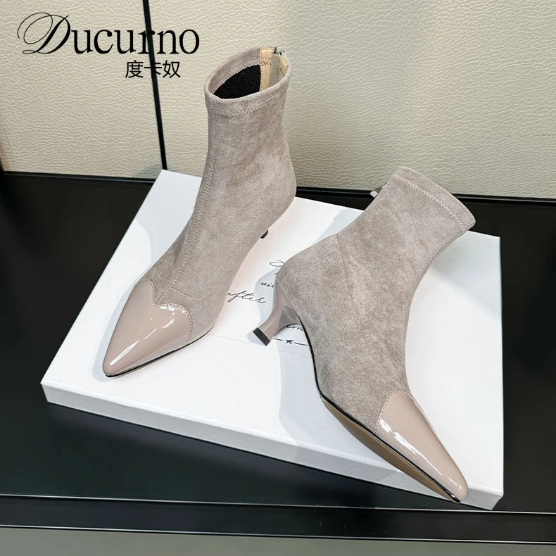 DUCURNO法式尖头弹力瘦瘦靴女单靴气质细高跟靴子绒面灰色小短靴
