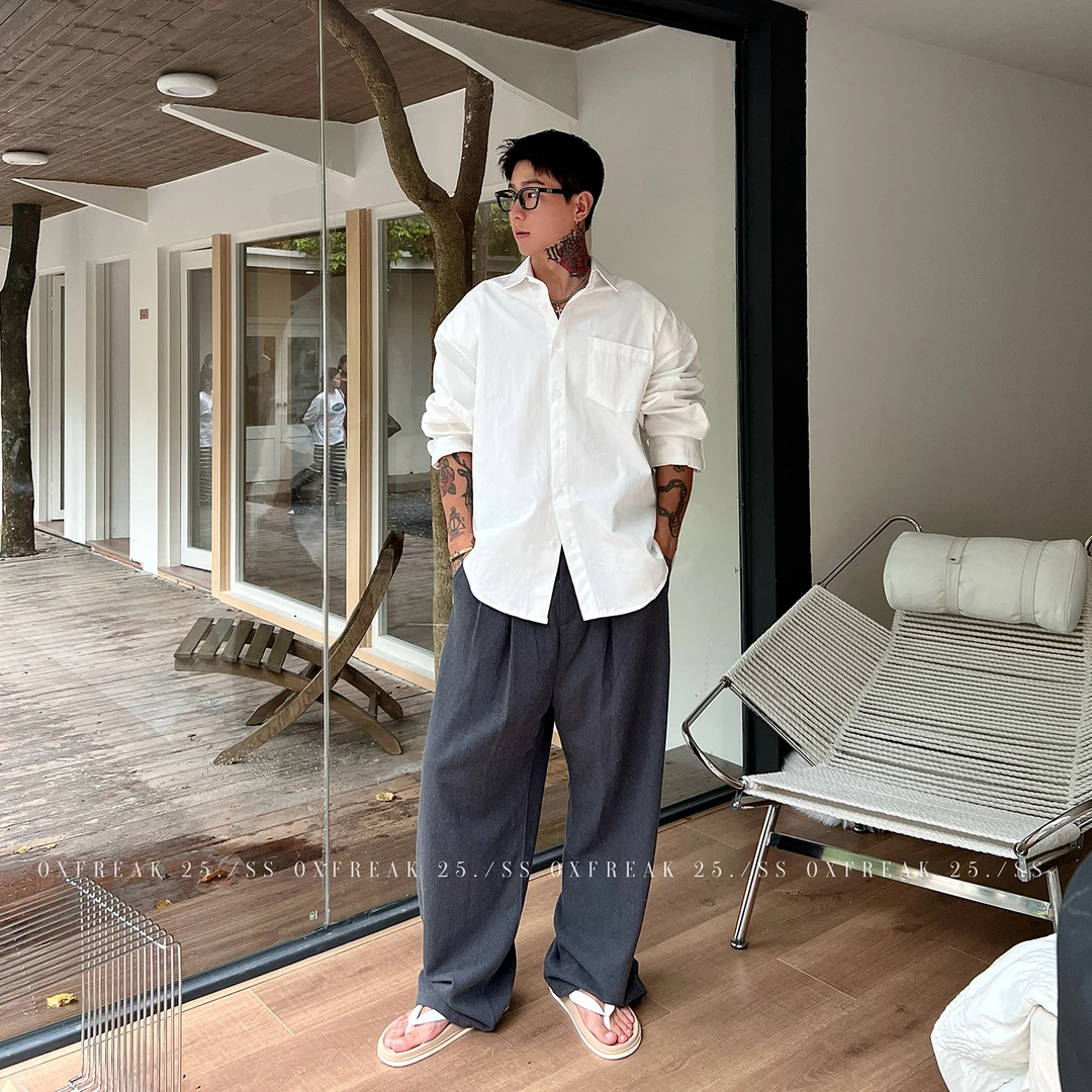 OXFREAK「那不勒斯收褶」亚麻混纺休闲裤男宽松阔腿高级感西装裤