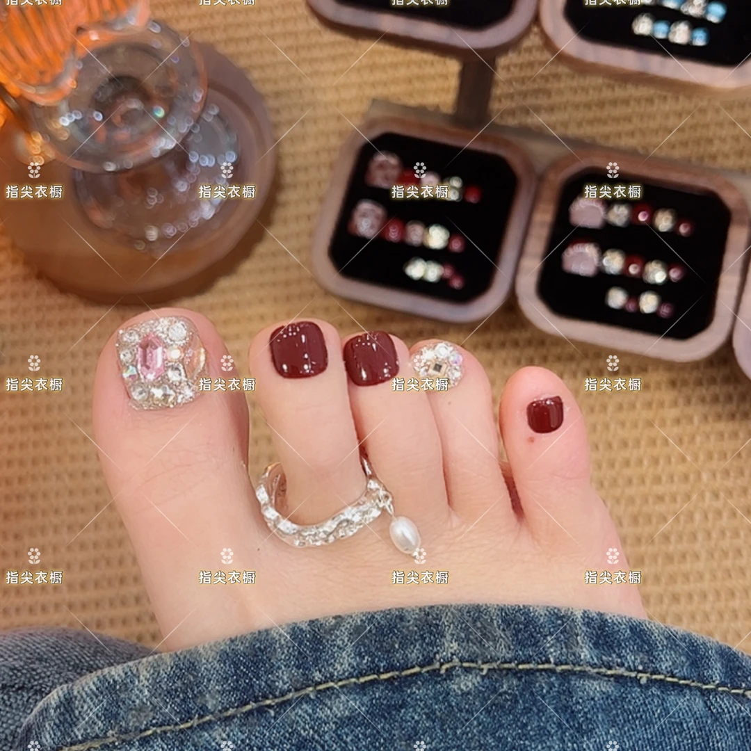 【埃及艳后】纯手工脚甲红色香槟钻脚甲14片