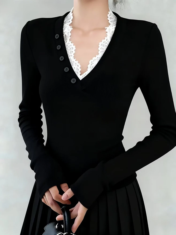 绝美巨好看的蕾丝拼接V领长袖T恤女早秋chic别致美式修身时尚上衣