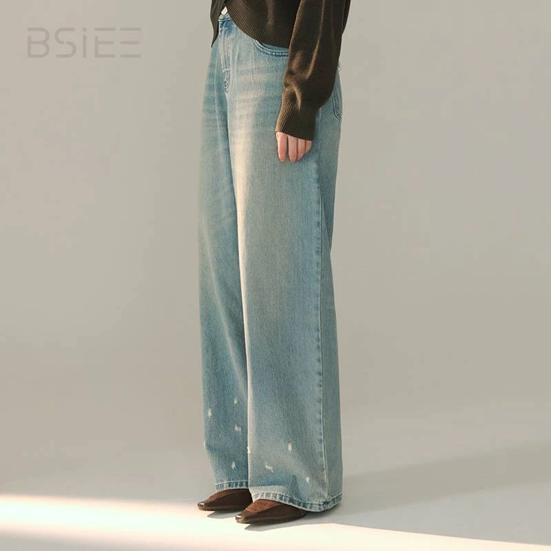 BSIEE磨破牛仔阔腿裤