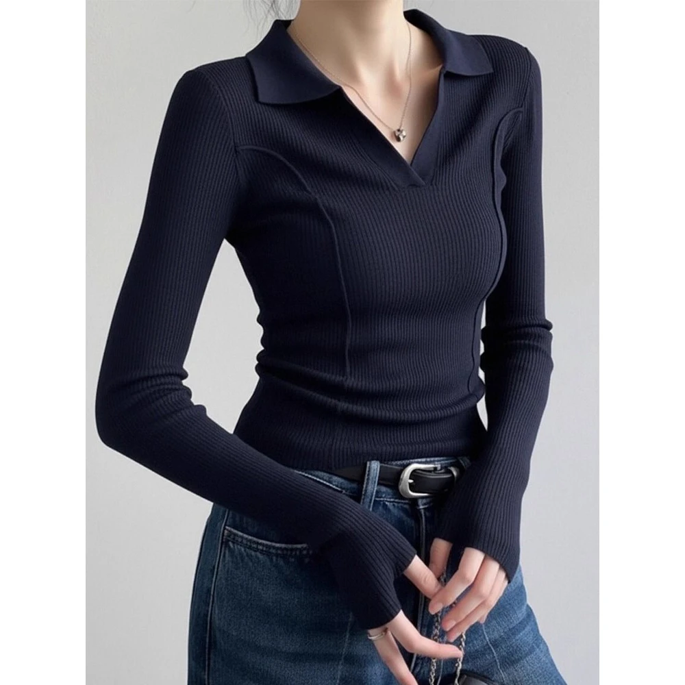 藏青色polo衫翻领针织打底衫女秋冬款高级感内搭毛衣气质长袖上衣