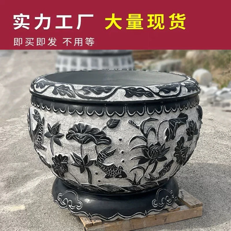 石雕鱼缸花盆门海青石头荷花水缸庭院别墅养鱼圆缸家用石材大水缸