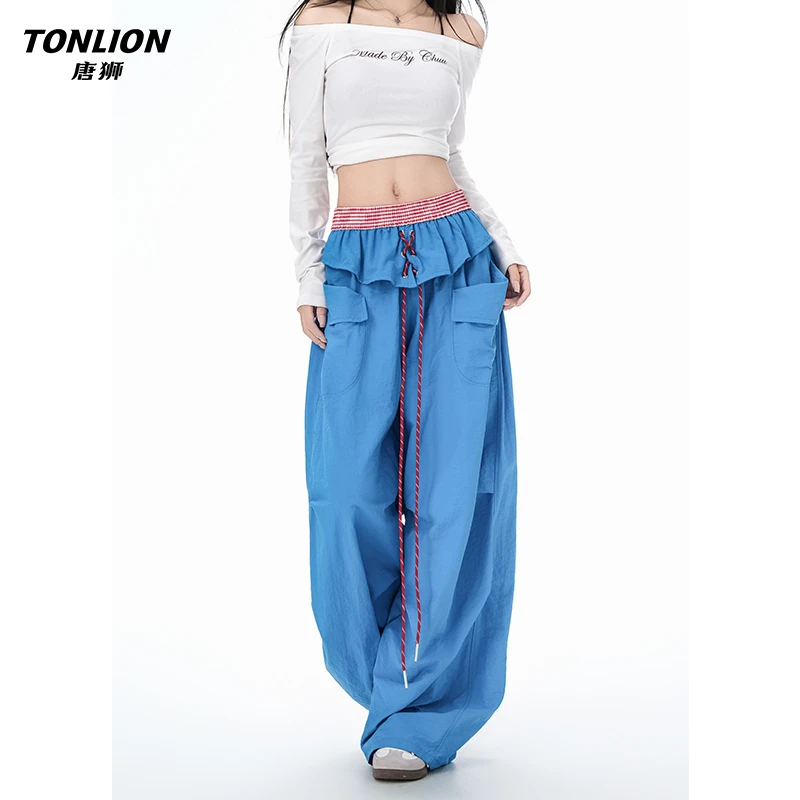 唐狮美式蓝色速干工装伞兵休闲裤女小众设计感高腰抽绳宽松阔腿裤