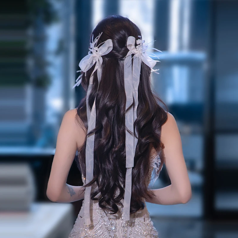 合金布艺婚庆饰品 森系新娘头饰唯美飘带发夹超仙公主配饰342612