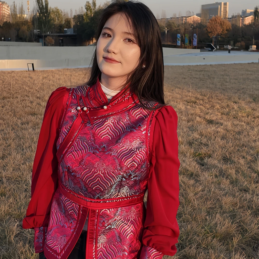 阿泯娜酒红彩山水纱袖马甲