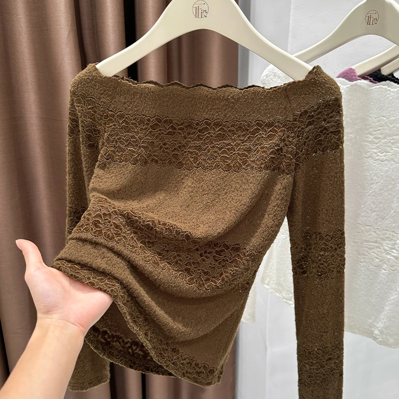 一字领长袖蕾丝美拉德棕色打底衫女秋冬内搭可外穿女人味性感上衣