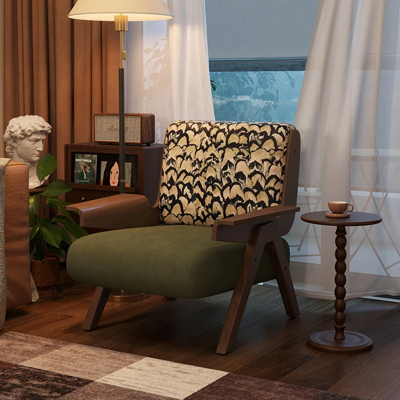 复古单人沙发椅法式中古风斑马椅设计师椅客厅卧室休闲实木靠背椅