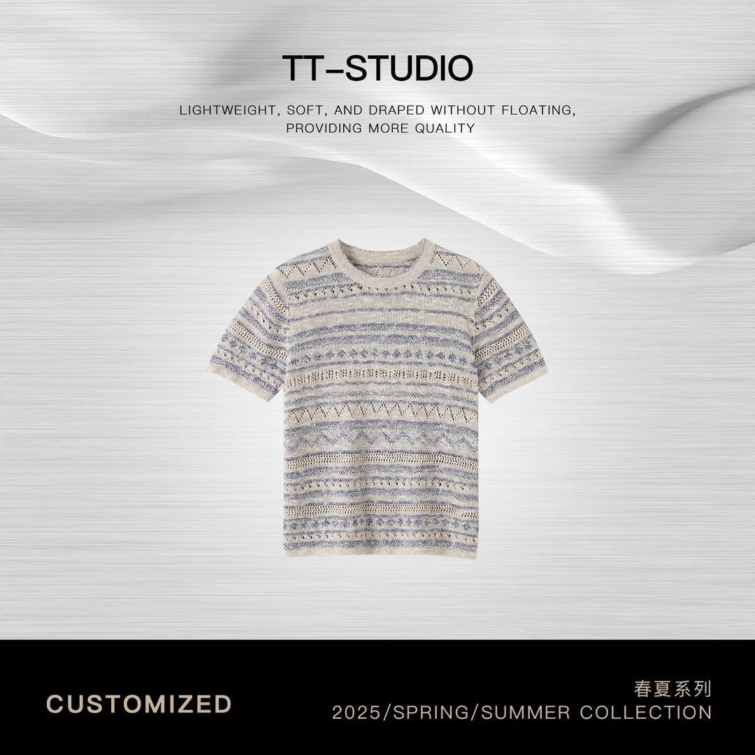 TT【绝美T】春夏新品亚麻气质显瘦百搭款镂空撞色T恤TT-11DT1425