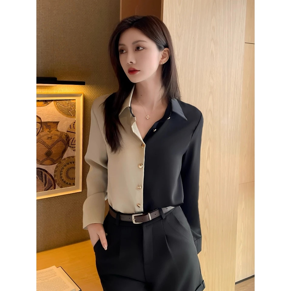 皇倩儿2025秋季新款复古翻领拼色设计感上衣宽松休闲百搭长袖衬衫