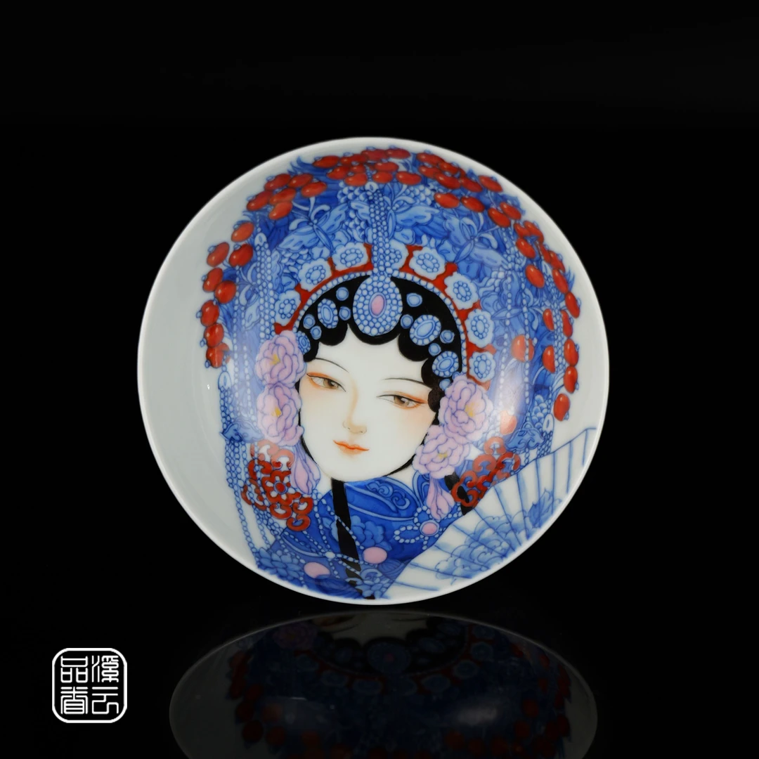 晓俊老师 景德镇手工手绘陶瓷青花加彩花旦普洱杯卧足杯主人杯