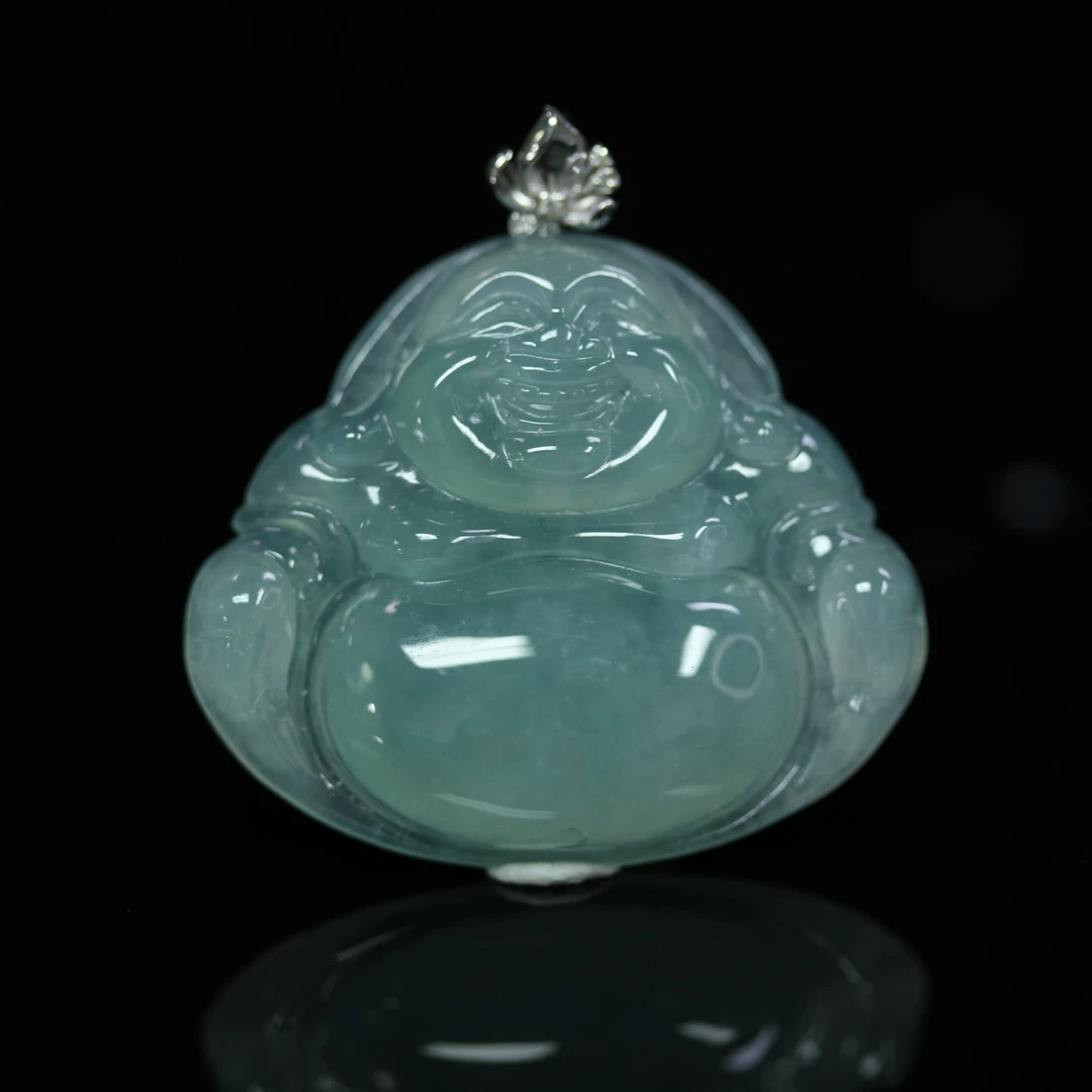 天然缅甸翡翠A货18K白金镶笑口常开佛公吊坠/1230834/拍卖