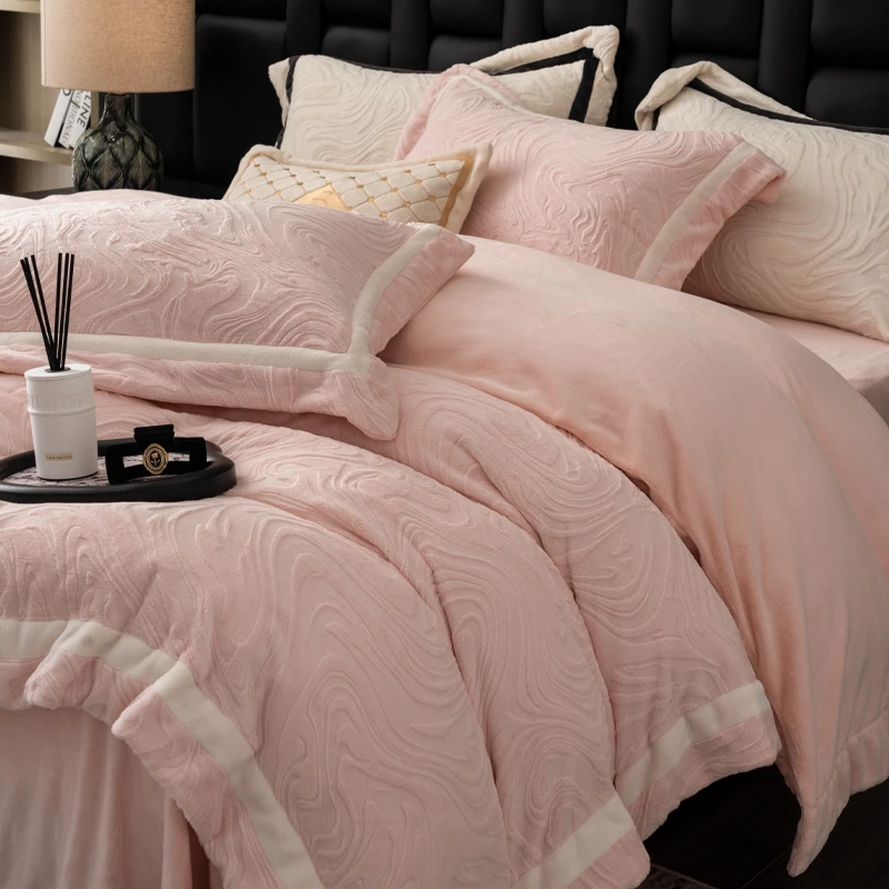 雕花加厚牛奶绒四件套双面绒保暖被套冬季高克重亲肤防静电绒被罩