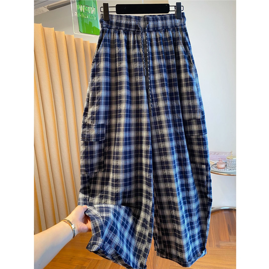 复古慵懒风格子裤女2025早秋新款宽松显瘦宽松格纹设计弯刀阔腿裤