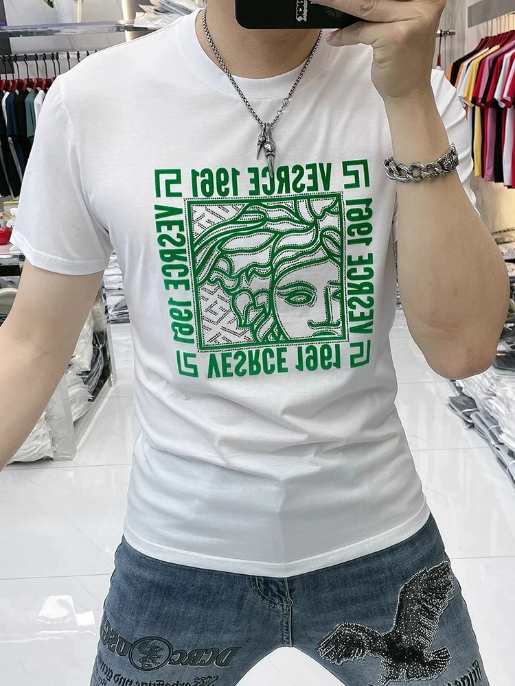 昆加希毕夏季短袖T恤男修身美人头印花烫钻欧货圆领上衣体恤男