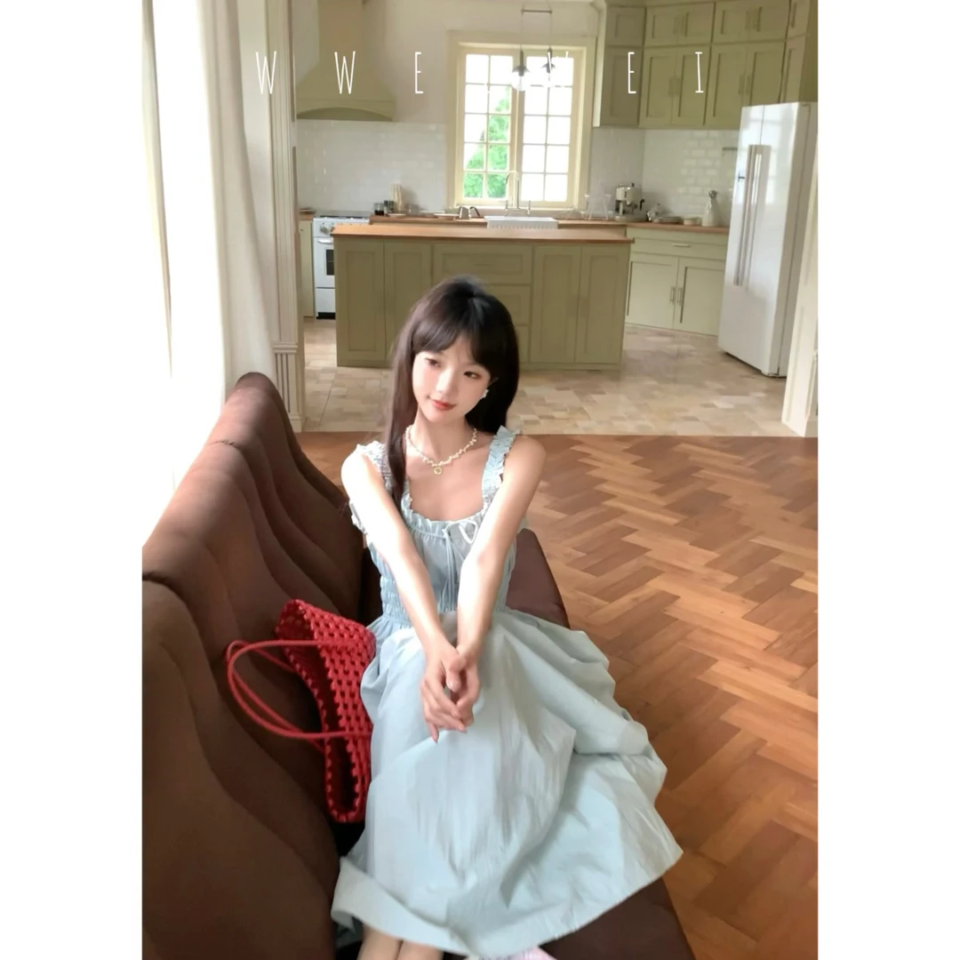 王玮玮【恋爱循环】夏季法式甜美褶皱U领黄色中长款连衣裙