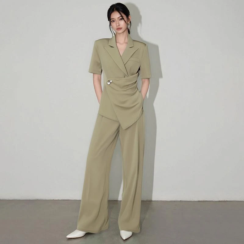 大码时尚薄款西装阔腿裤套装女夏季胖mm高级感休闲气质西服两件套